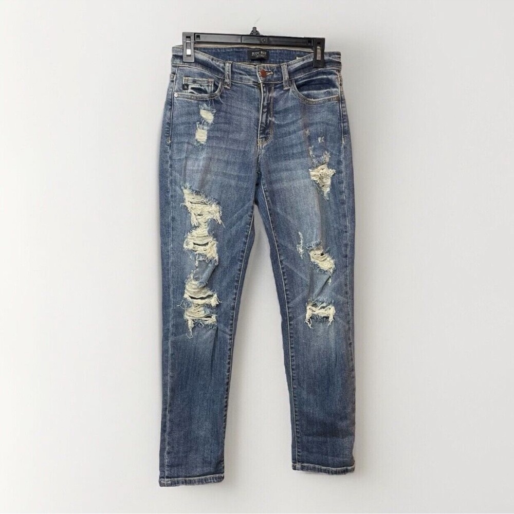 JUDY BLUE Women's 5/27 Mid Rise Boyfriend Jeans
Destroyed Medium Wash